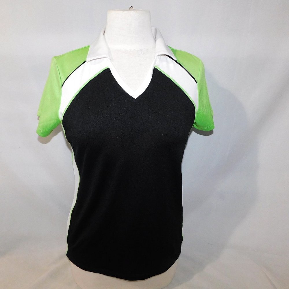 IZOD Performance Black White Green Cool FX Golf Polo Shirt Womens S
